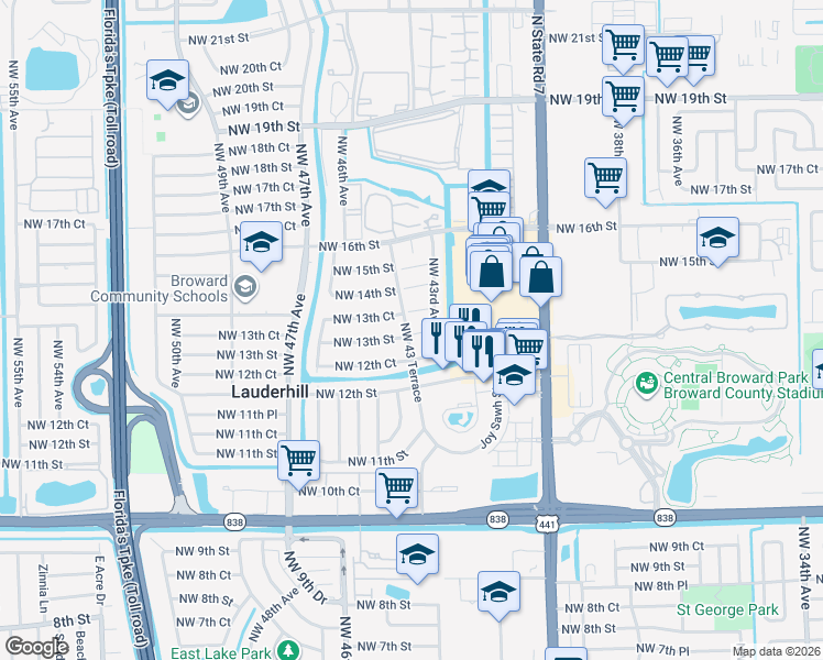 map of restaurants, bars, coffee shops, grocery stores, and more near 24 Northwest 43 Terrace in Lauderhill