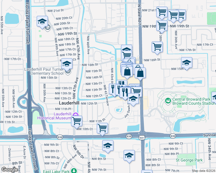 map of restaurants, bars, coffee shops, grocery stores, and more near 24 Northwest 43 Terrace in Lauderhill