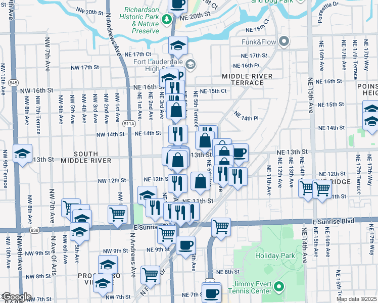map of restaurants, bars, coffee shops, grocery stores, and more near 514 Northeast 13th Street in Fort Lauderdale