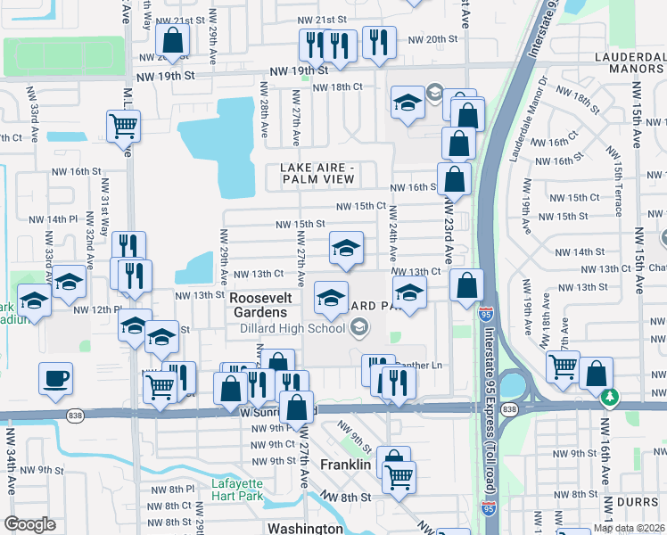 map of restaurants, bars, coffee shops, grocery stores, and more near in Lauderhill