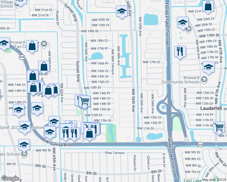 map of restaurants, bars, coffee shops, grocery stores, and more near 5870 Northwest 14th Place in Sunrise