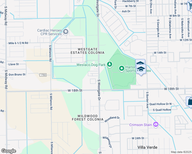 map of restaurants, bars, coffee shops, grocery stores, and more near 1612 Key West Drive in Weslaco