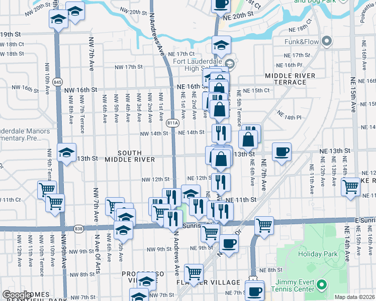 map of restaurants, bars, coffee shops, grocery stores, and more near 1244 Northeast 1st Avenue in Fort Lauderdale