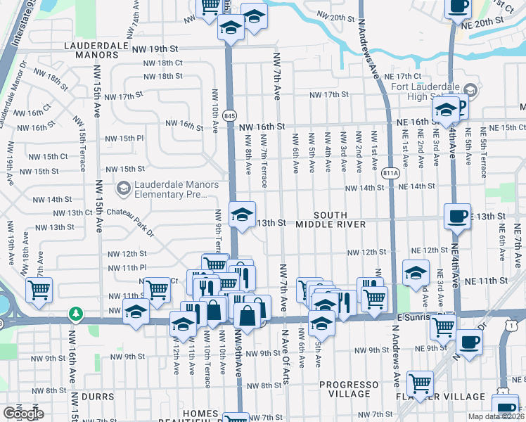 map of restaurants, bars, coffee shops, grocery stores, and more near 1301 Northwest 7th Terrace in Fort Lauderdale