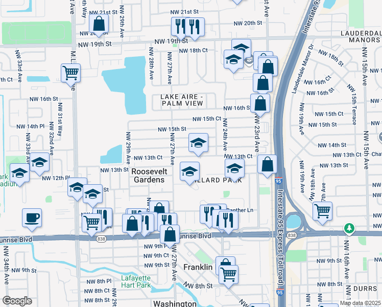 map of restaurants, bars, coffee shops, grocery stores, and more near in Lauderhill
