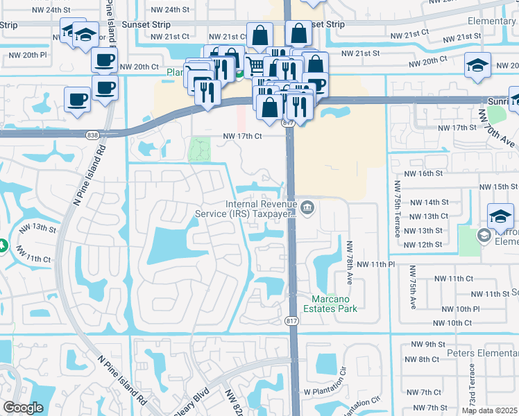 map of restaurants, bars, coffee shops, grocery stores, and more near 1368 Northwest 81st Avenue in Plantation