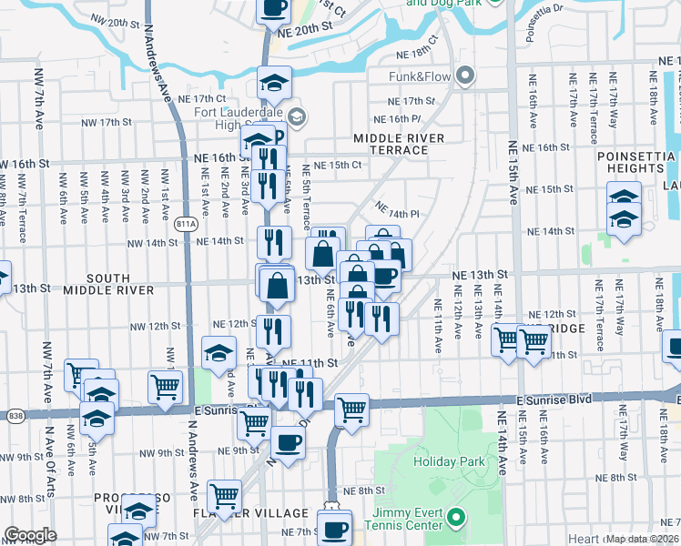 map of restaurants, bars, coffee shops, grocery stores, and more near 1234 Northeast 6th Avenue in Fort Lauderdale