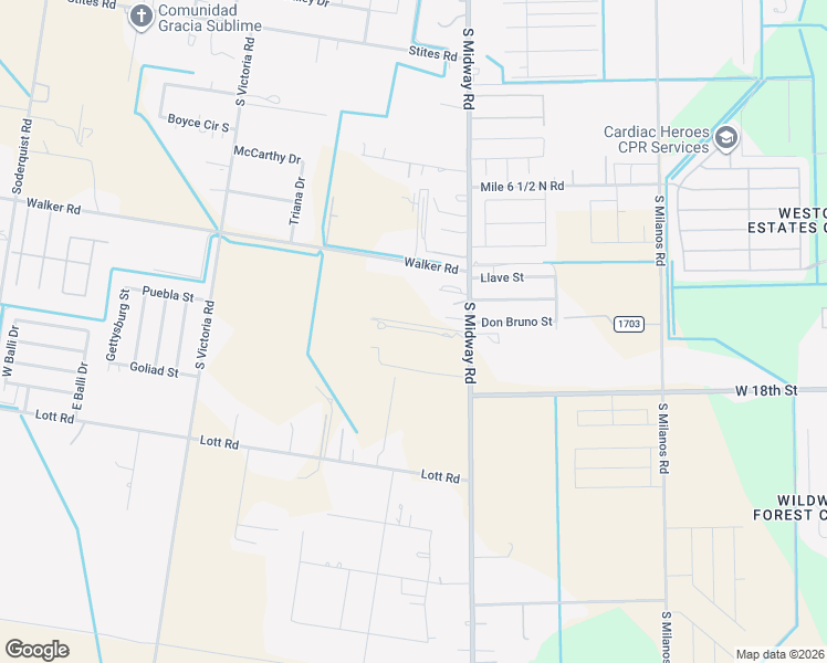 map of restaurants, bars, coffee shops, grocery stores, and more near 1702 Midway Road in Weslaco