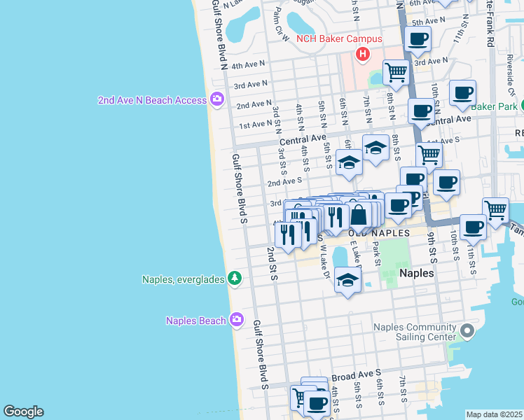 map of restaurants, bars, coffee shops, grocery stores, and more near 135 4th Avenue South in Naples