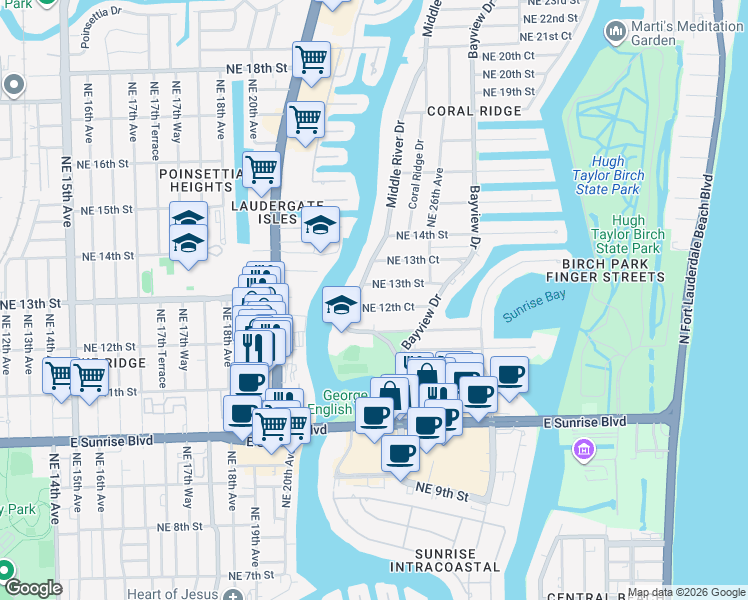 map of restaurants, bars, coffee shops, grocery stores, and more near 1220 Middle River Drive in Fort Lauderdale