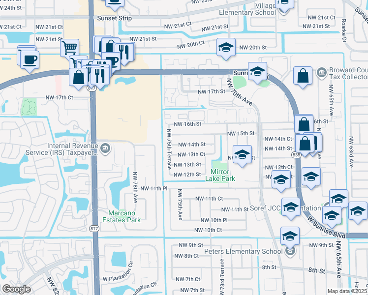 map of restaurants, bars, coffee shops, grocery stores, and more near 7450 Northwest 13th Court in Plantation