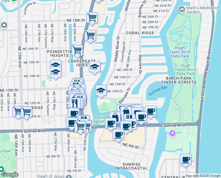 map of restaurants, bars, coffee shops, grocery stores, and more near 1220 Middle River Drive in Fort Lauderdale