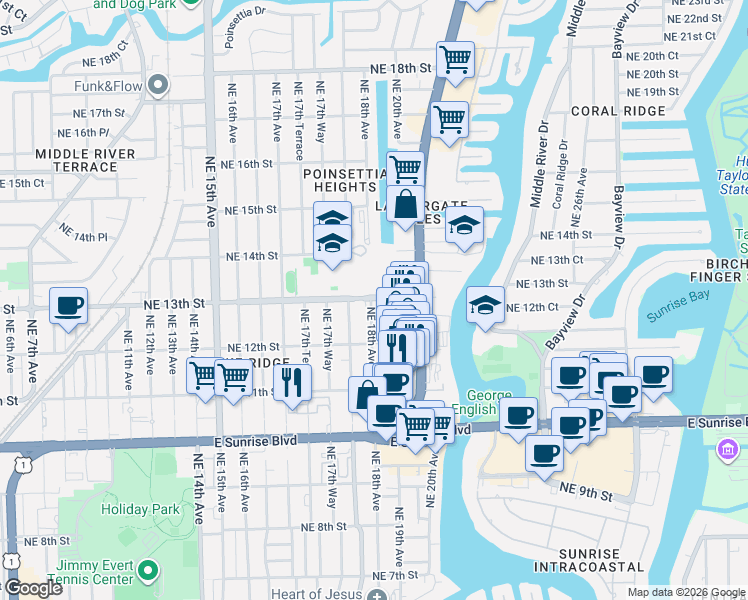 map of restaurants, bars, coffee shops, grocery stores, and more near 1223 Northeast 18th Avenue in Fort Lauderdale