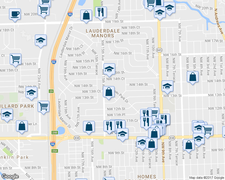 map of restaurants, bars, coffee shops, grocery stores, and more near 1416 Chateau Park Drive in Fort Lauderdale