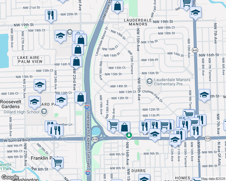map of restaurants, bars, coffee shops, grocery stores, and more near 1701 Northwest 13th Street in Fort Lauderdale