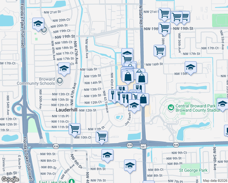 map of restaurants, bars, coffee shops, grocery stores, and more near 18 Northwest 43rd Avenue in Lauderhill