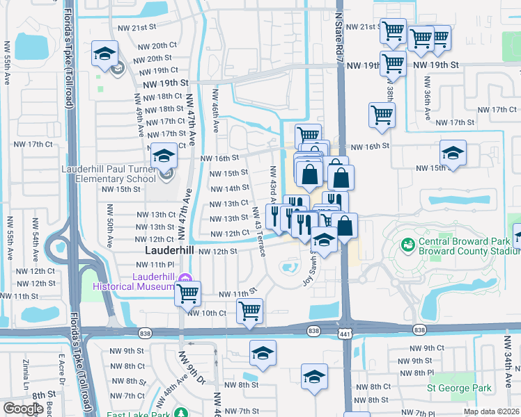 map of restaurants, bars, coffee shops, grocery stores, and more near 24 Northwest 43 Terrace in Lauderhill