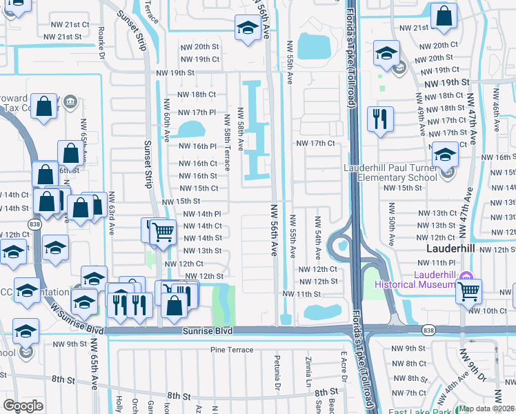map of restaurants, bars, coffee shops, grocery stores, and more near 5720 Northwest 14th Court in Lauderhill
