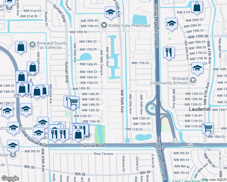 map of restaurants, bars, coffee shops, grocery stores, and more near 5720 Northwest 14th Court in Lauderhill