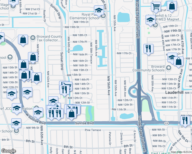 map of restaurants, bars, coffee shops, grocery stores, and more near 5720 Northwest 14th Court in Lauderhill