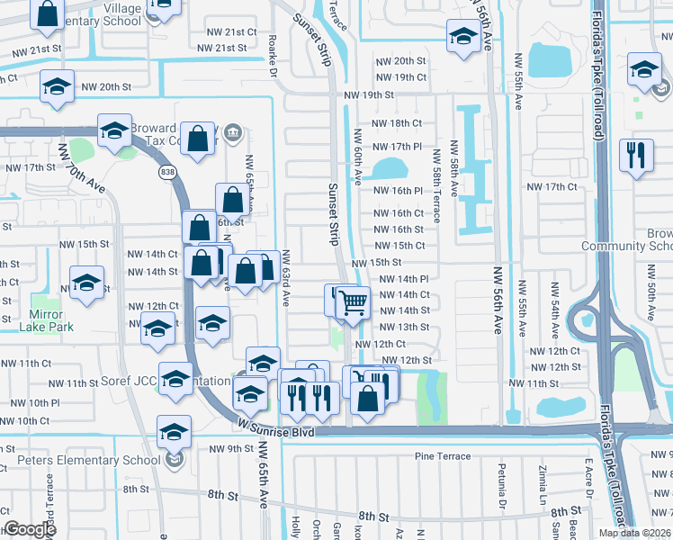 map of restaurants, bars, coffee shops, grocery stores, and more near 1451 Northwest 61st Avenue in Sunrise