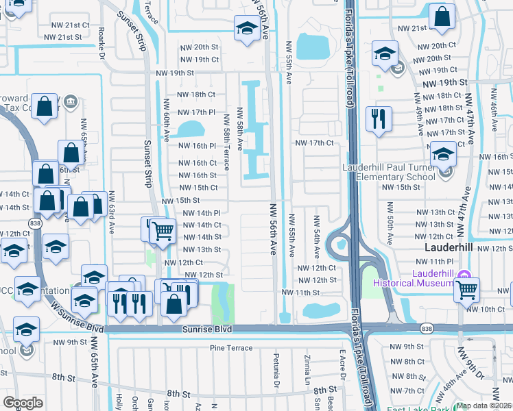 map of restaurants, bars, coffee shops, grocery stores, and more near 5720 Northwest 14th Court in Lauderhill