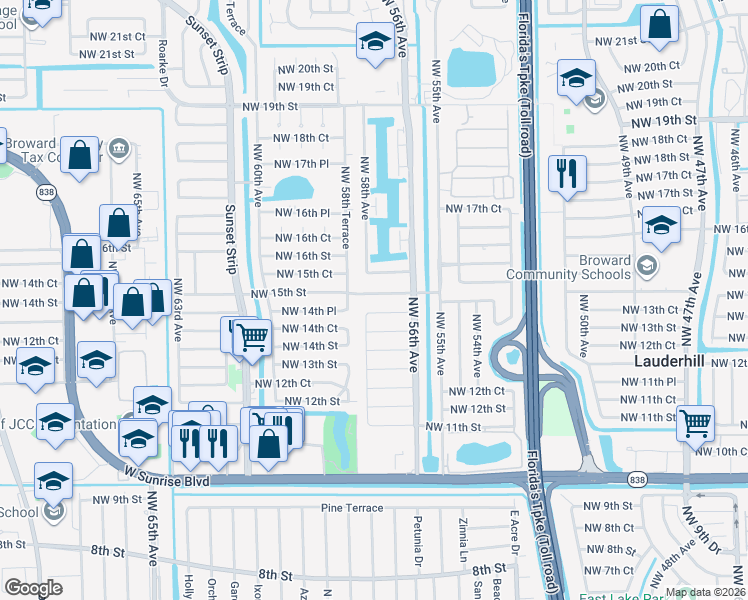 map of restaurants, bars, coffee shops, grocery stores, and more near 5720 Northwest 14th Court in Lauderhill