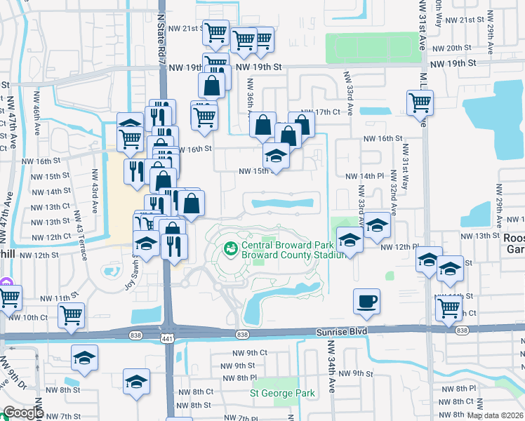 map of restaurants, bars, coffee shops, grocery stores, and more near 3602 Northwest 14th Court in Lauderhill