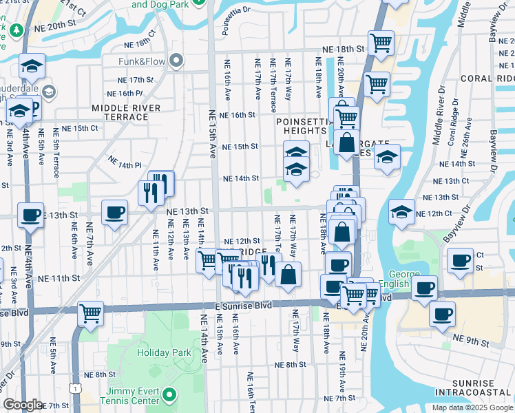 map of restaurants, bars, coffee shops, grocery stores, and more near 1326 Northeast 16th Terrace in Fort Lauderdale