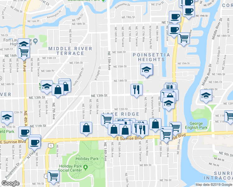 map of restaurants, bars, coffee shops, grocery stores, and more near 1324 Northeast 15th Avenue in Fort Lauderdale