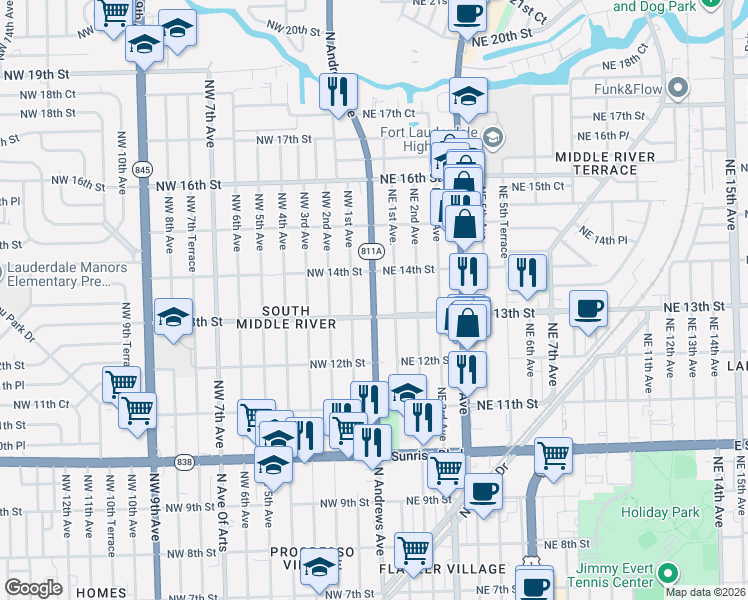 map of restaurants, bars, coffee shops, grocery stores, and more near 1336 Northwest 1st Avenue in Fort Lauderdale