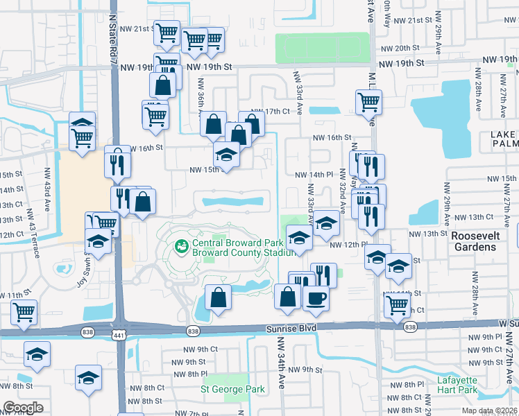 map of restaurants, bars, coffee shops, grocery stores, and more near 3450 Northwest 14th Court in Lauderhill