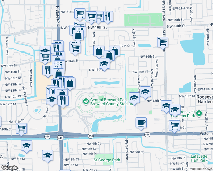 map of restaurants, bars, coffee shops, grocery stores, and more near 3524 Northwest 14th Court in Lauderhill