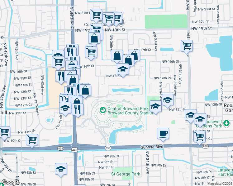 map of restaurants, bars, coffee shops, grocery stores, and more near 3602 Northwest 14th Court in Lauderhill