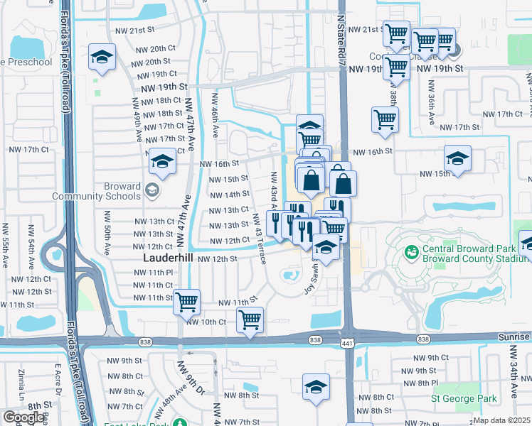 map of restaurants, bars, coffee shops, grocery stores, and more near 1380 Northwest 43 Terrace in Lauderhill