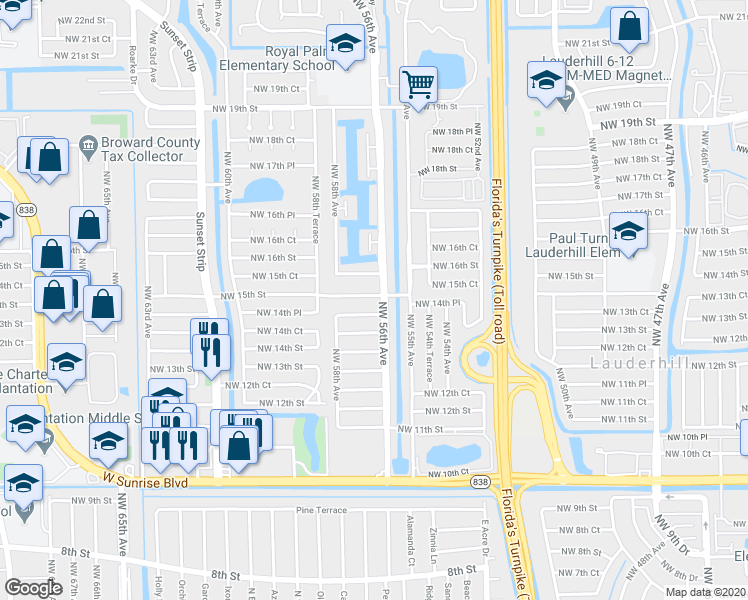 map of restaurants, bars, coffee shops, grocery stores, and more near 5600 Northwest 16th Street in Lauderhill