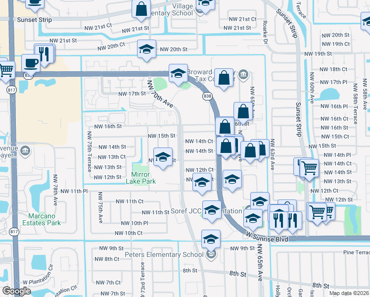 map of restaurants, bars, coffee shops, grocery stores, and more near 1431 Northwest 70th Avenue in Plantation