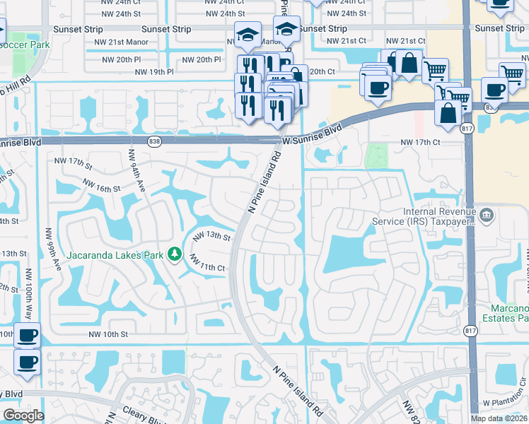 map of restaurants, bars, coffee shops, grocery stores, and more near 1511 Northwest 90th Way in Plantation