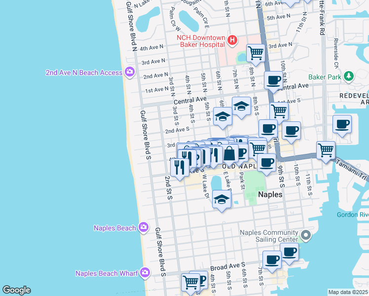 map of restaurants, bars, coffee shops, grocery stores, and more near 385 3rd Avenue South in Naples