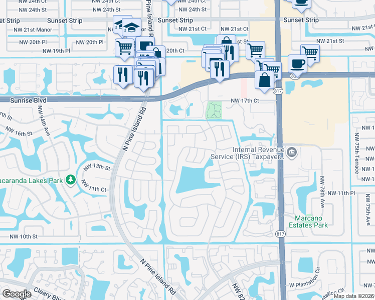 map of restaurants, bars, coffee shops, grocery stores, and more near 1591 Northwest 86th Terrace in Plantation