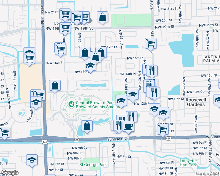map of restaurants, bars, coffee shops, grocery stores, and more near 1436 Northwest 34th Way in Lauderhill