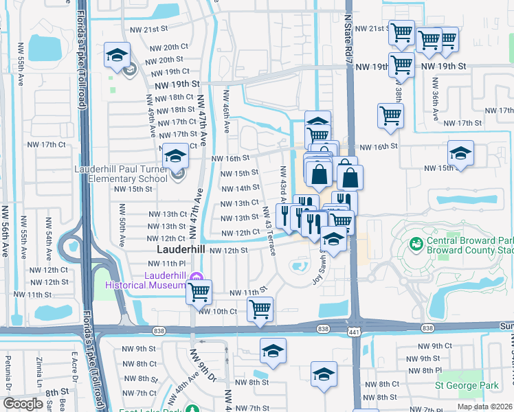 map of restaurants, bars, coffee shops, grocery stores, and more near 1380 Northwest 43 Terrace in Lauderhill