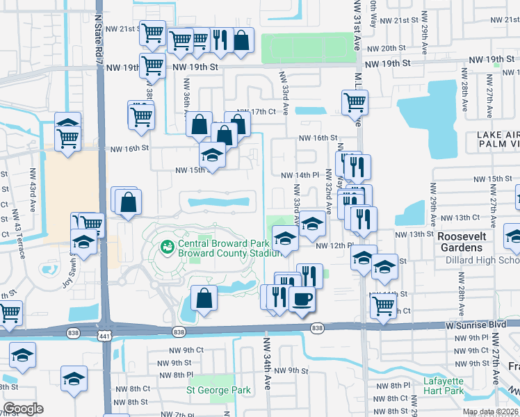 map of restaurants, bars, coffee shops, grocery stores, and more near 1436 Northwest 34th Way in Lauderhill