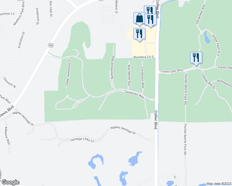 map of restaurants, bars, coffee shops, grocery stores, and more near 3800 Sawgrass Way in Naples