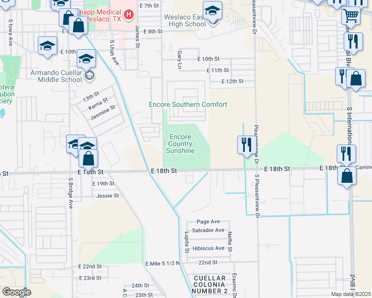 map of restaurants, bars, coffee shops, grocery stores, and more near 1601 South Airport Drive in Weslaco