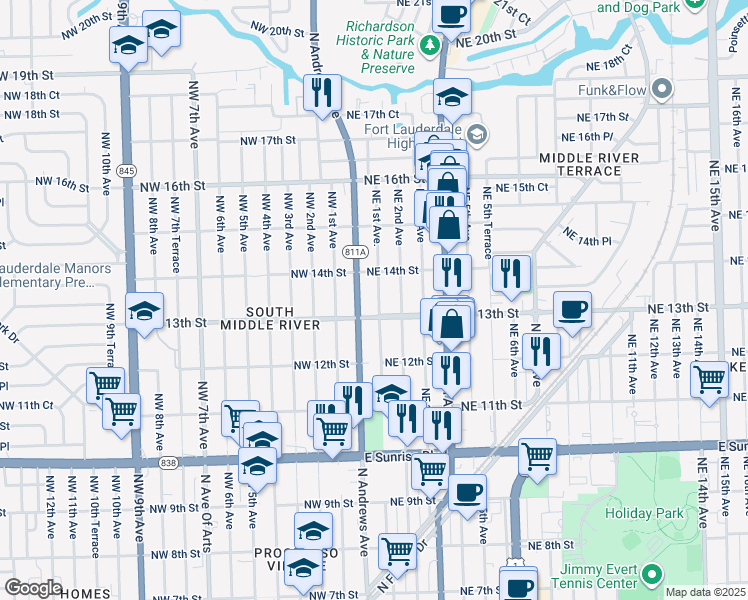 map of restaurants, bars, coffee shops, grocery stores, and more near 1336 Northeast 1st Avenue in Fort Lauderdale