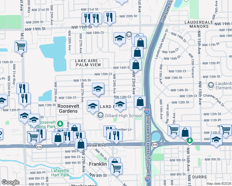 map of restaurants, bars, coffee shops, grocery stores, and more near 2340 Northwest 14th Court in Fort Lauderdale