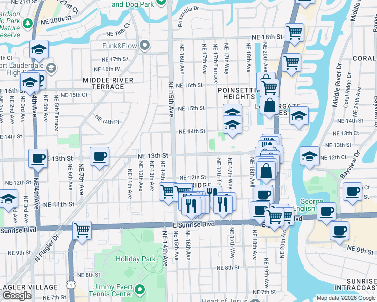 map of restaurants, bars, coffee shops, grocery stores, and more near 1326 Northeast 16th Terrace in Fort Lauderdale