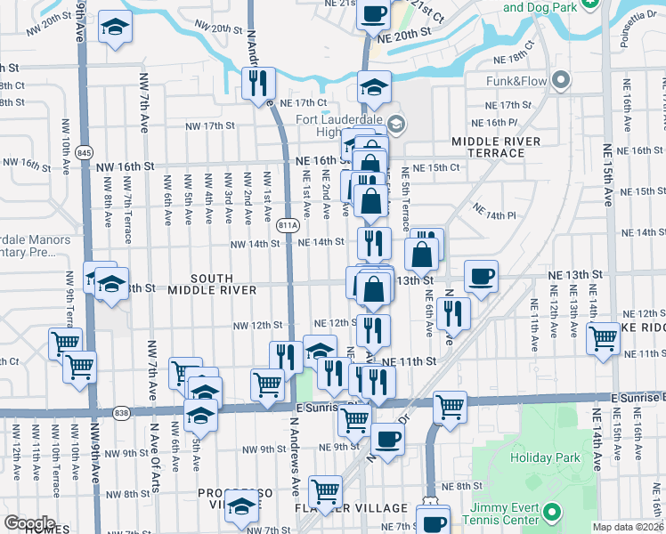 map of restaurants, bars, coffee shops, grocery stores, and more near 1335 Northeast 3rd Avenue in Fort Lauderdale