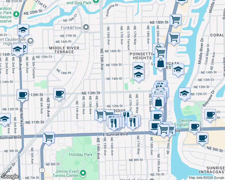 map of restaurants, bars, coffee shops, grocery stores, and more near 1326 Northeast 16th Terrace in Fort Lauderdale